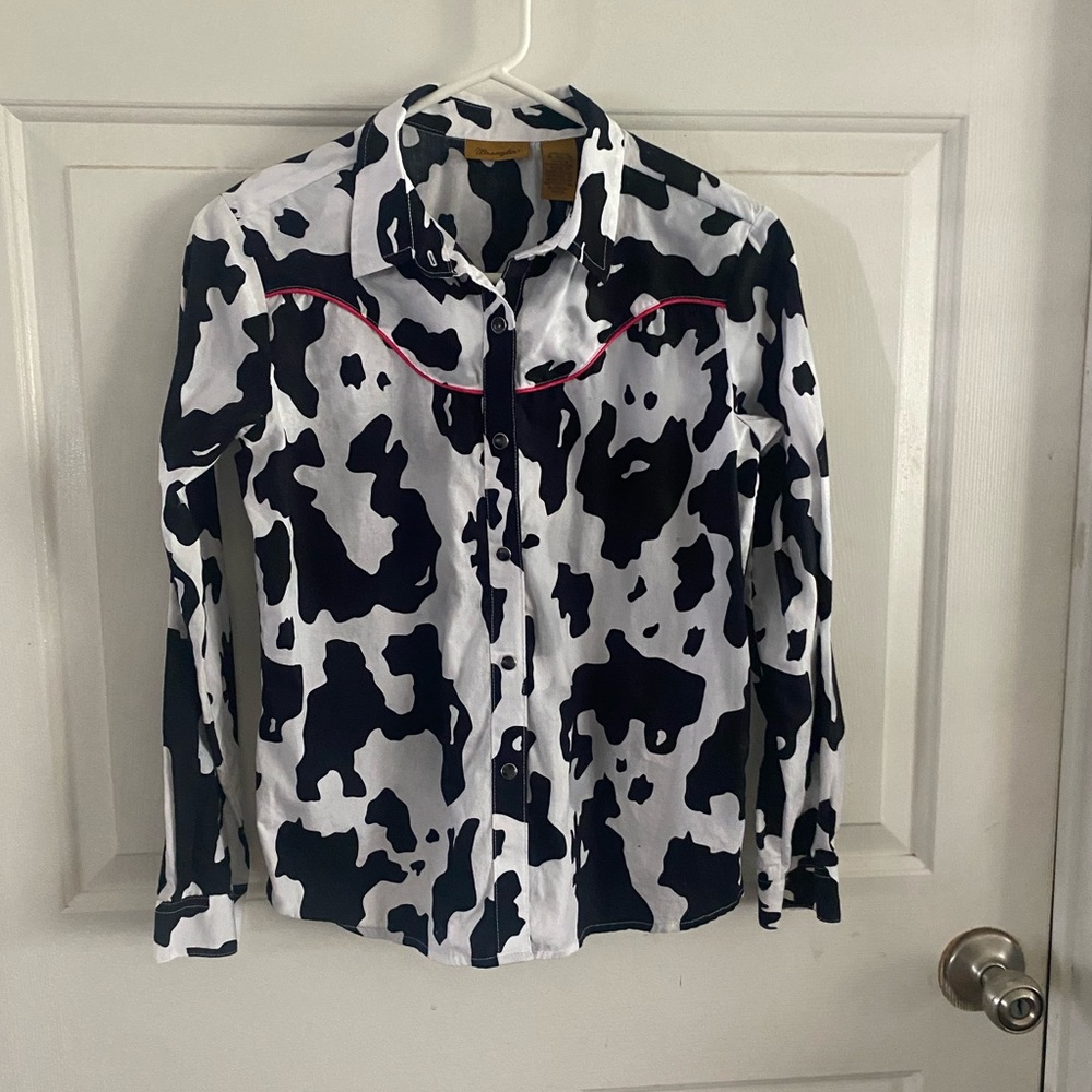 Wrangler Black & White Cow Print Button-Up Shirt with Pink Piping